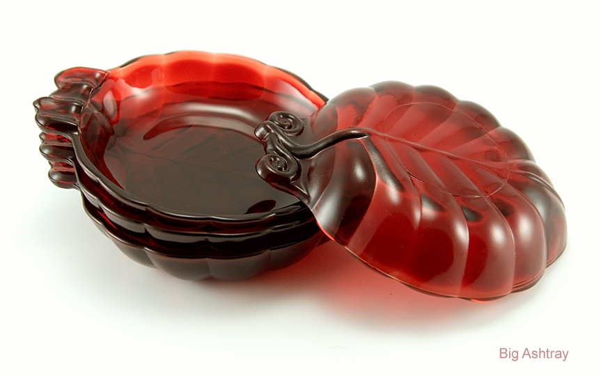 Vintage Royal Ruby Glass Leaf Ashtray Set of 4 Big Ashtray