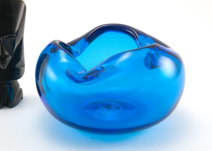 Blenko Mod Blue Ball Art Glass Ashtray Big Ashtray