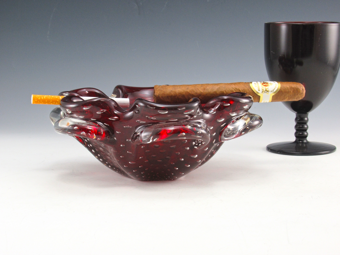 Vintage Cased Ruby Glass Ashtray with Trapped Bubbles HandMade Big Ashtray