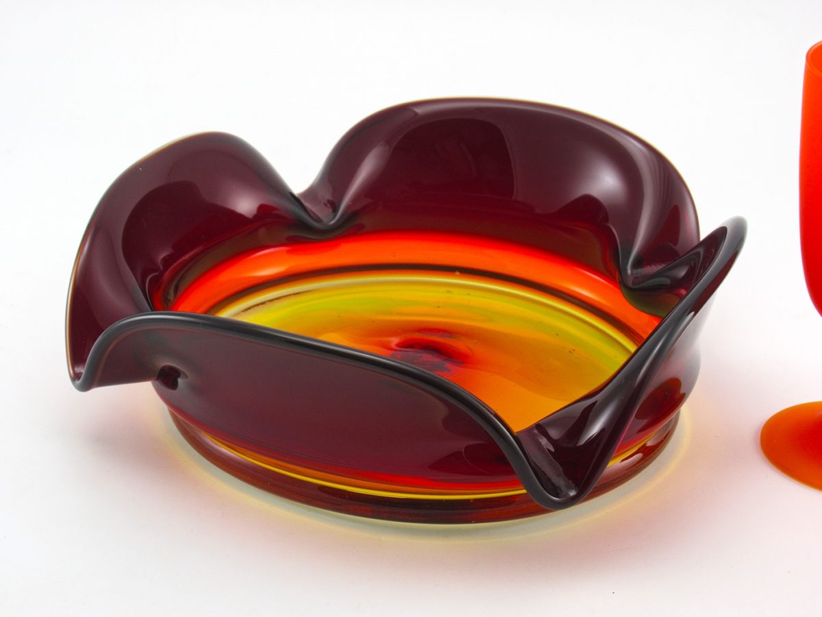 Blenko Ashtray Bamboo Line in Tangerine from the 1970’s Big Ashtray